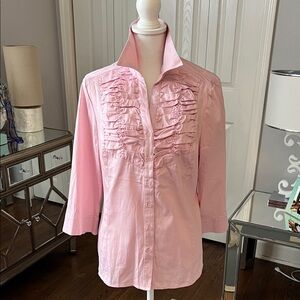 Como Petite Pink Tuxedo Style Ruffled Button-Up Blouse 3/4 Bell Sleeves - PXL